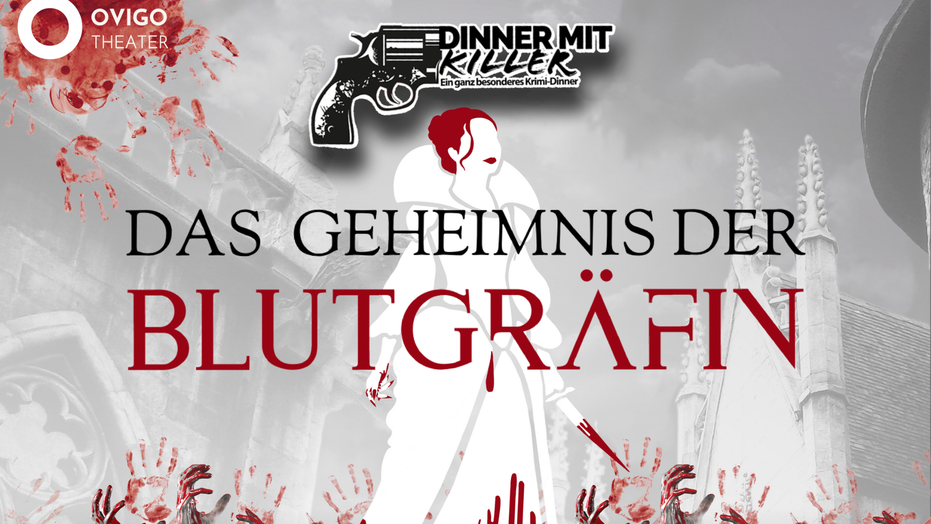 Events Plakat für Dinner mit Killer Krimi-Dinner Das Geheimnis der Blutgräfin mit blutigen Handabdrücken